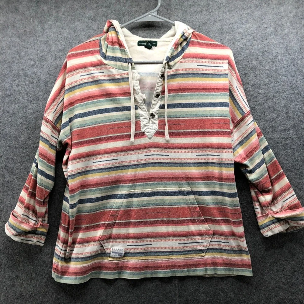 Vintage Y2K Lauren Ralph Lauren Stripe Hoodie Womens XL Henley Pullover Western